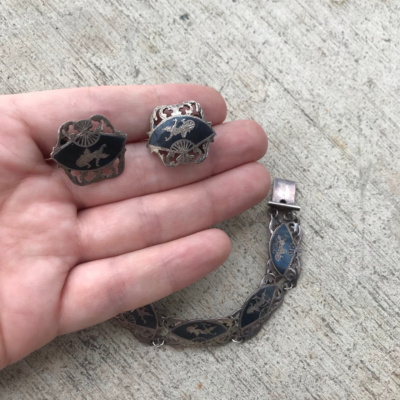 Siam Sterling Silver Bracelet and Clip Earring Set Jewelry Bloomers and Frocks 