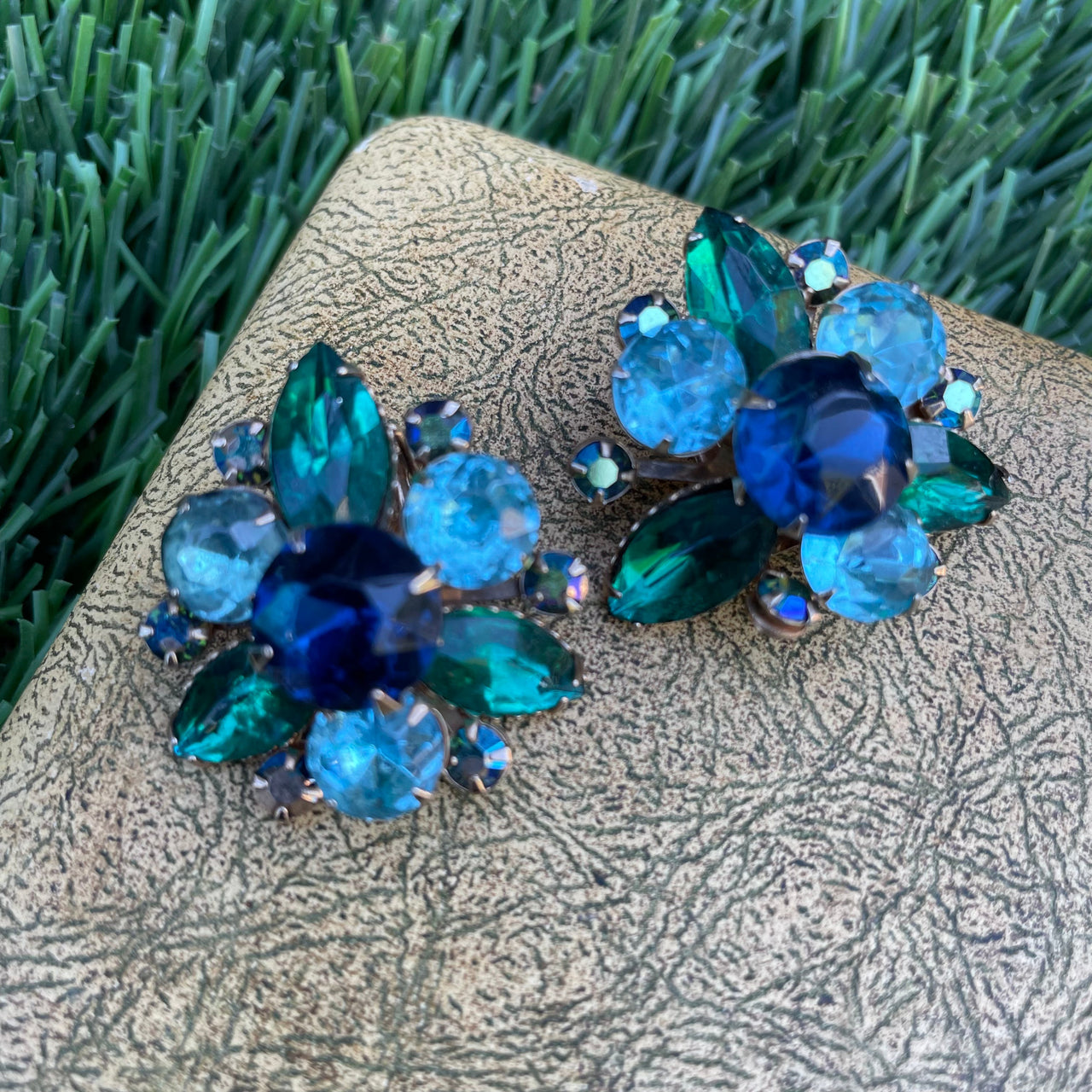 Vintage Blue Green Rhinestone "Water Gem" Earrings Jewelry Bloomers and Frocks 