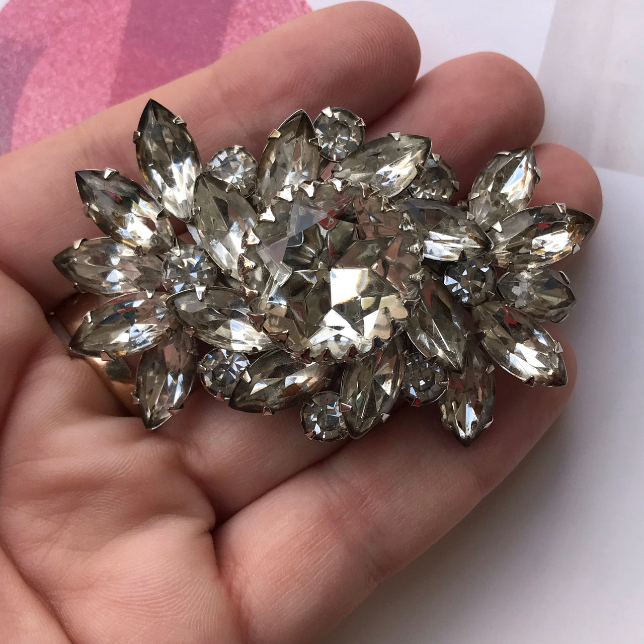 Vintage Clear Rhinestone Burst Statement Brooch Jewelry Bloomers and Frocks 