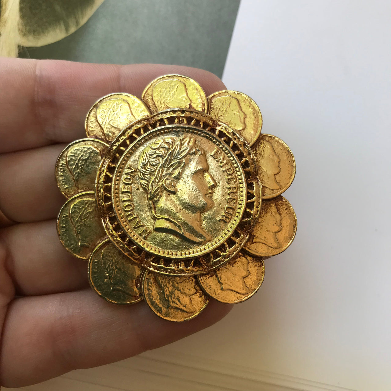 Vintage Napoleon Gold Coin Brooch Jewelry Bloomers and Frocks 