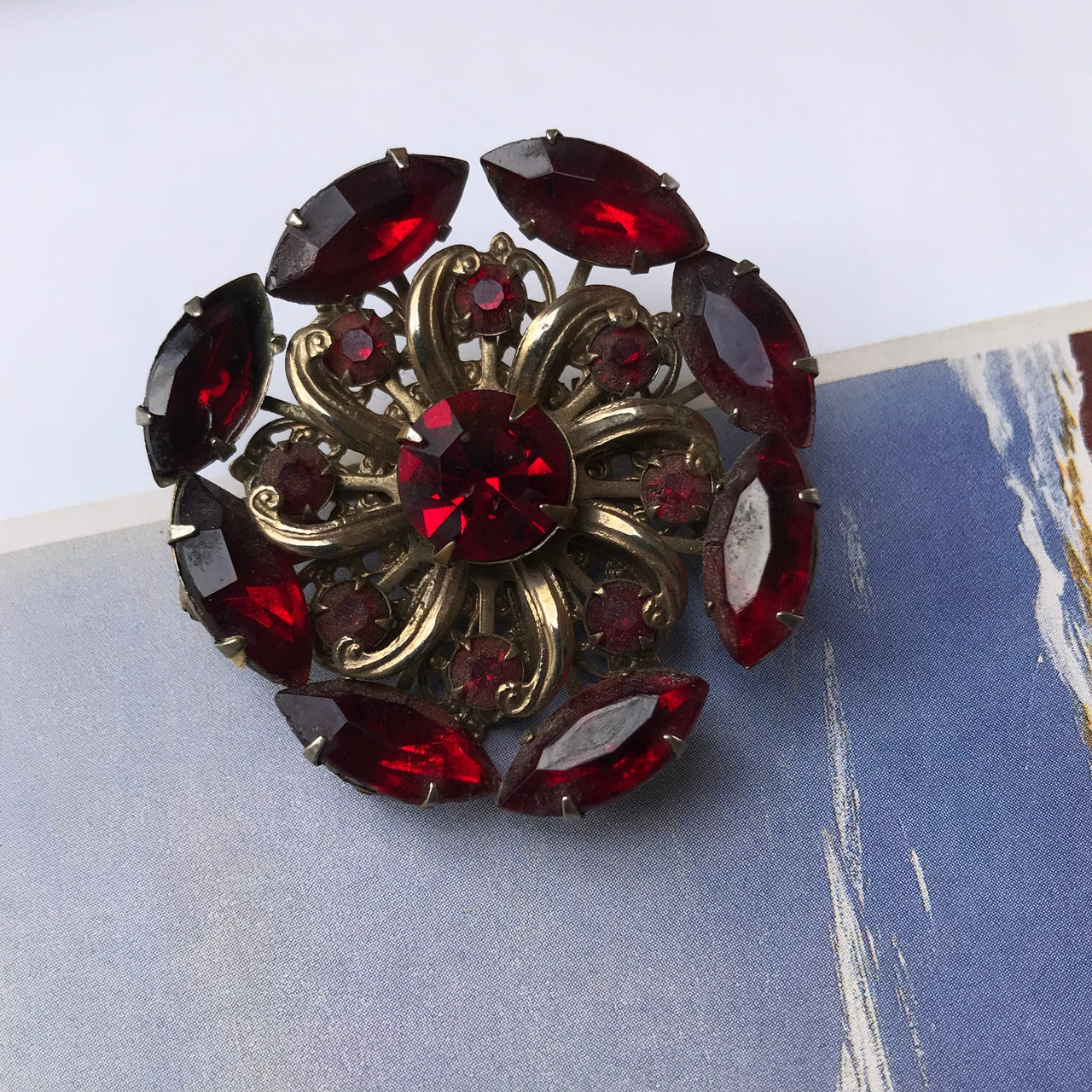 Vintage Round Red Rhinestone Brooch Jewelry Bloomers and Frocks 