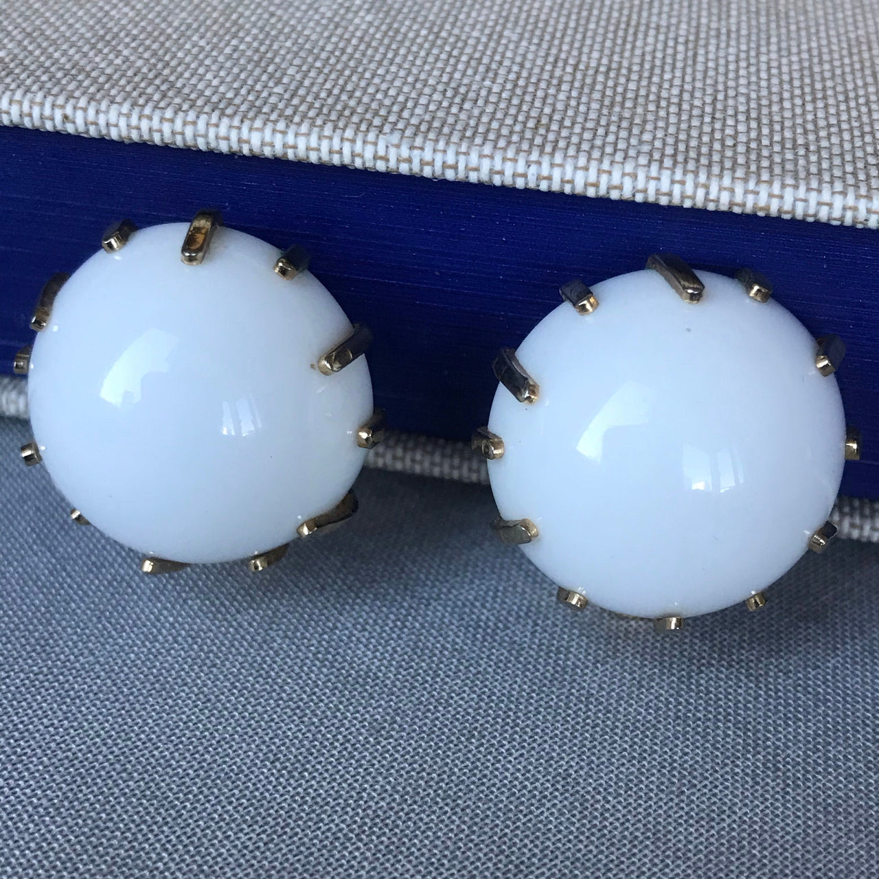 White Milk Glass Prong Set Clip Earrings Jewelry Bloomers and Frocks 
