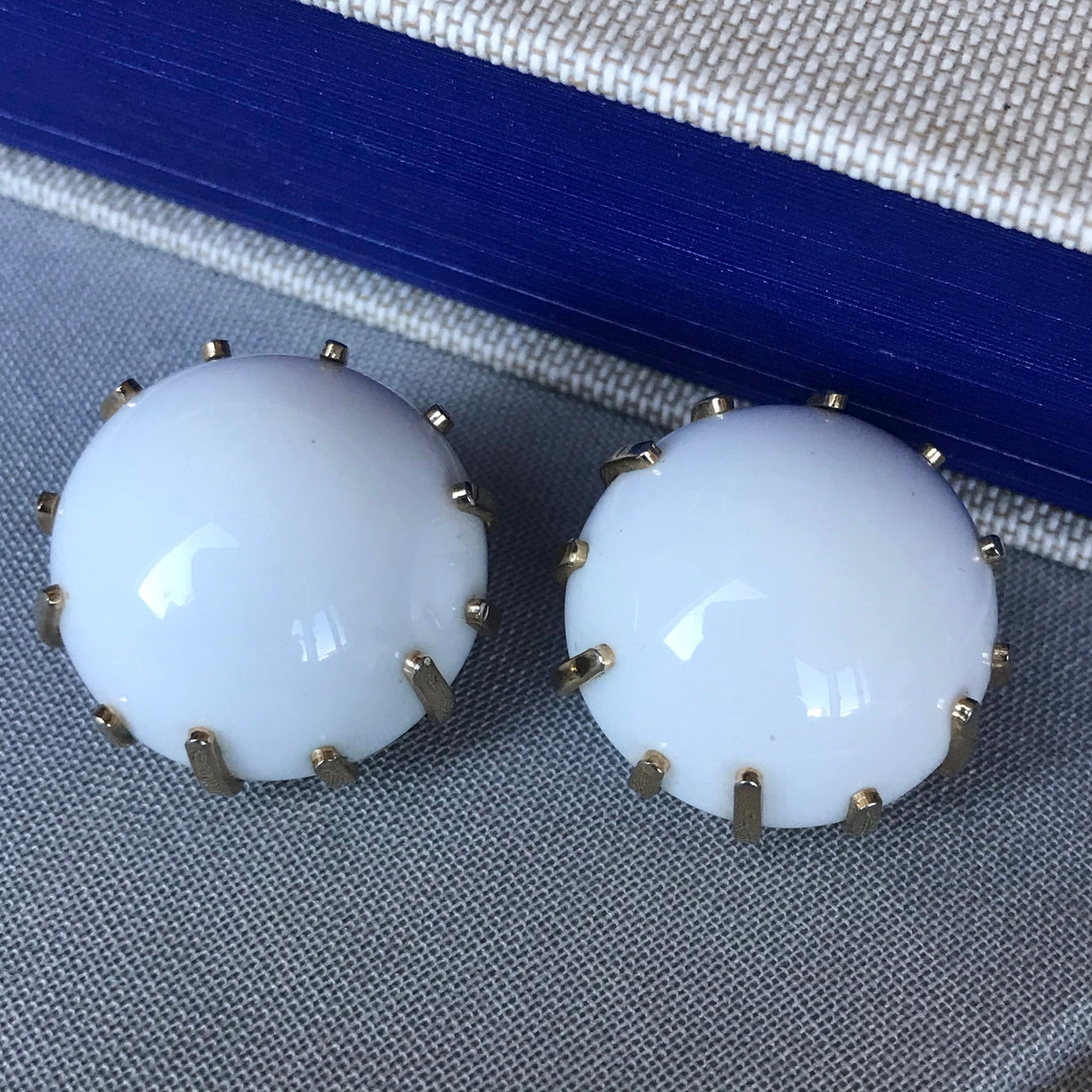 White Milk Glass Prong Set Clip Earrings Jewelry Bloomers and Frocks 